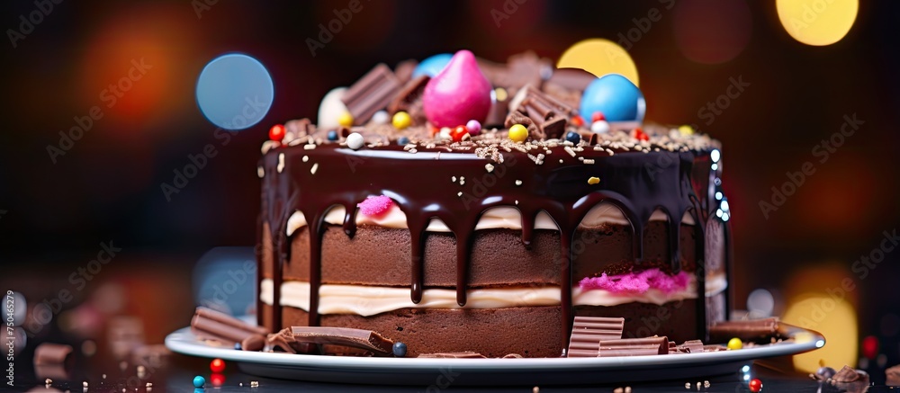 Poster decadent chocolate cake adorned with colorful sprinkles and frosting