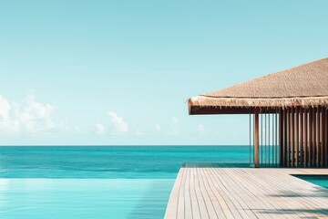 tropical minimalist mockup. Luxury panoramic view at exotic resort on turquoise seascape background. Bungalow, villas on beautiful beach on the ocean.  - obrazy, fototapety, plakaty