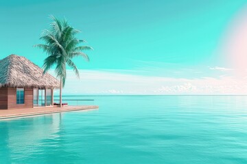 tropical minimalist mockup. Luxury panoramic view at exotic resort on turquoise seascape background. Bungalow, villas on beautiful beach on the ocean. 