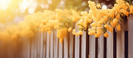 Rustic Charm: Wooden Wattle Fence Adorned with Lush Yellow Flowers Bathed in Sunlight - obrazy, fototapety, plakaty