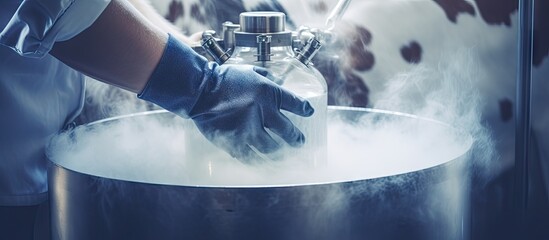 Veterinarian in Action: Artificial Insemination Procedure for Cows with Liquid Nitrogen - obrazy, fototapety, plakaty