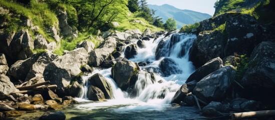 Naklejka na ściany i meble Majestic Cascade: Wild Alpine Waterfall Flowing Down Rocky cliffs in a Serene Mountain Setting