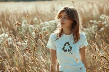 woman wearing white t-shirt with recycling sign 