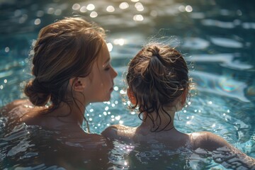 A parent teaching their child how to swim in a sparkling pool on a hot summer day - obrazy, fototapety, plakaty