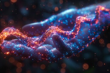 A patient undergoing gene editing therapy, visualized as vibrant glowing strands of DNA being modified - obrazy, fototapety, plakaty