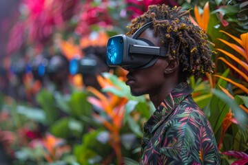 A person immersed in a virtual reality experience, their senses replaced by a pixelated tropical paradise - obrazy, fototapety, plakaty