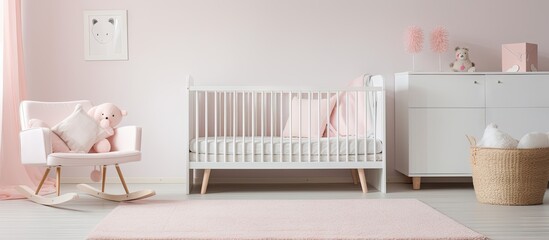 Fototapeta na wymiar Serene Nursery Decor with White Crib and Pink Walls Creates a Cozy Haven for Baby's Sweet Dreams