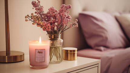 Dekoracja wnętrza - home staging. Dodatki do wystroju pokoju. Kadzidełka, zapach, świece sojowe, kwiaty w wazonie i obraz na komodzie w różowych odcieniach.