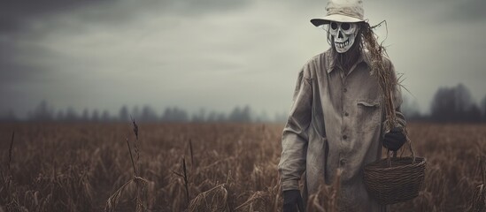 Eerie Scarecrow Stands Guard in Desolate Field on Ominous Overcast Day - obrazy, fototapety, plakaty