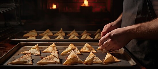 Cooking Homemade Pizza: Hands Placing Fresh Slice on Parchment-lined Baking Sheet in Electric Oven