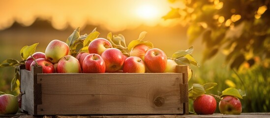 Rustic Harvest: Fresh Apples in Wooden Crate on Table Under Autumn Sunset Glow