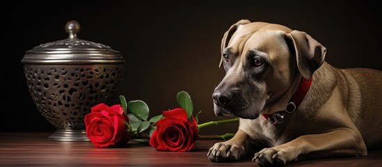 Beloved Pet Memorialized: Dog Resting Near Vase with Red Rose, Symbolizing Eternal Love and Remembrance