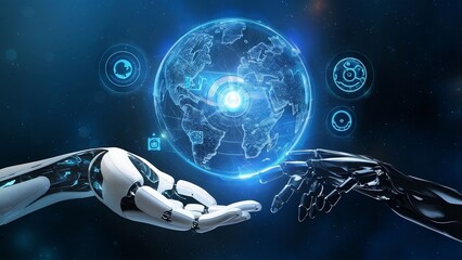 Futuristic society intelligent robot artificial intelligence humans AI technology coexist peacefully