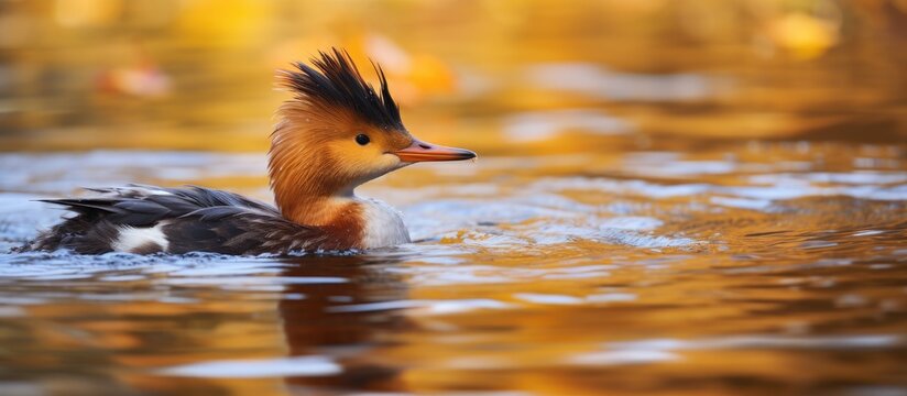Graceful Red-breasted Merganser Gliding Through Tranquil Autumn Waters