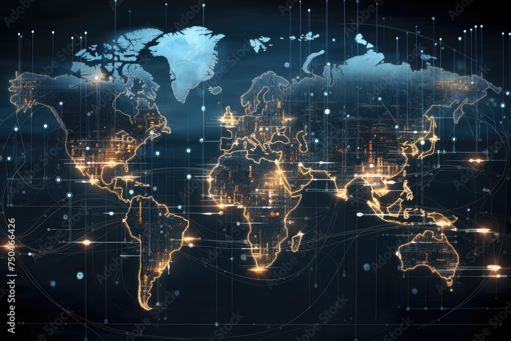 Poster map of the planet, internet and technology. modern science. abstract plexus geometric background, fu
