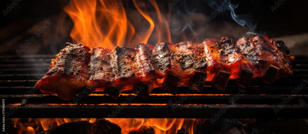 Poster sizzling pork ribs grilling over charcoal with flames in the background