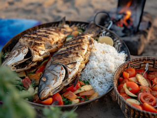 Iraqi Masgouf, grilled carp with rice, traditional outdoor cooking