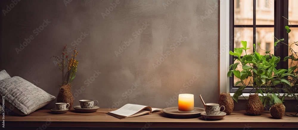 Poster Tranquil Home Setting with Elegant Table Decor and Lush Greenery for a Cozy Ambience