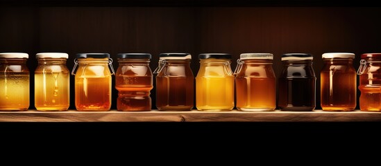 Varieties of Honey Displayed in Rows of Jars on a Rustic Shelf