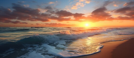 Tranquil Morning at Aksa Beach as the Sun Slowly Sets over the Horizon - obrazy, fototapety, plakaty