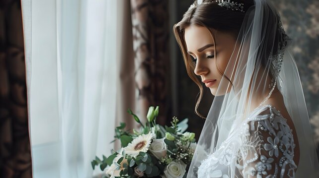 Beautiful bride in a white wedding dress with a bouquet of flowers stands near the window. Luxury vertical close-up photo