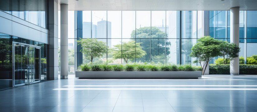 Elegant White Modern Office Entrance with Reflective Floor and Floor-to-Ceiling Glass Walls