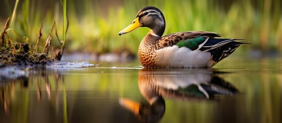 Obraz premium Male Mallard Duck Gliding Across Reflective Pond Water in Serene Natural Habitat