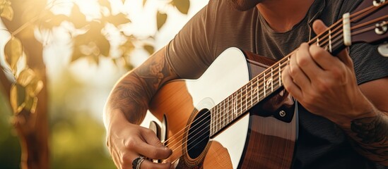 Passionate musician strumming acoustic guitar outdoors with focus on hands and instrument - obrazy, fototapety, plakaty