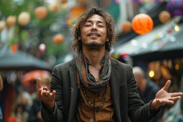 A street performer entertaining a crowd with a mesmerizing juggling act