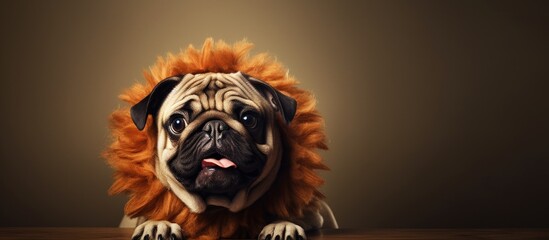 Adorable Pug Playfully Impersonates a Roaring Lion with a Hilarious Costume - obrazy, fototapety, plakaty