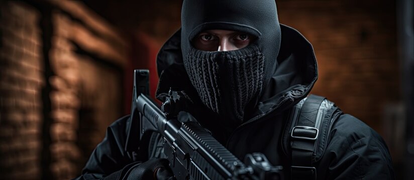 Sinister Figure in Balaclava Holds Gun, Staring Intensely at the Camera with Malicious Intent