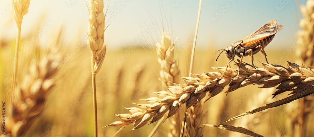 Poster tiny insect perched on a golden stalk of wheat in a lush field at sunset