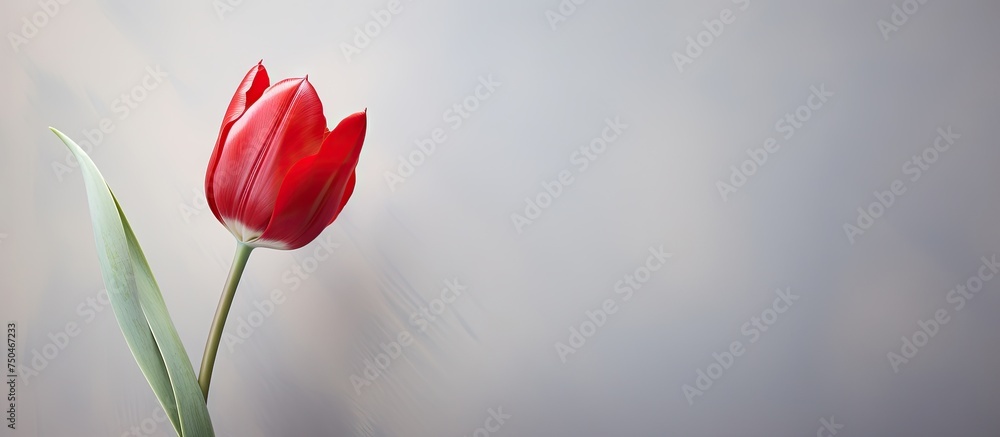 Sticker Vibrant Red Tulip Blossom Standing Out Against a Shimmery Silver Background