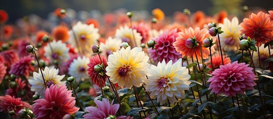 Vibrant Dahlia Flower Garden Blooms in the Autumn Sunlight