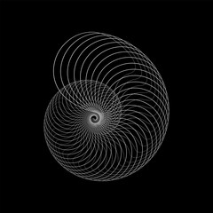 Abstract linear shell shape on black background. Technology object. Round spiral logo. Waves effect. Geometric snail made of lines. Design element. Modern graphic shape. Vector illustration.