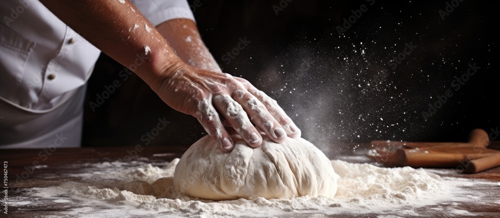 Poster artisan baking: creating dough on wooden table with sprinkled flour