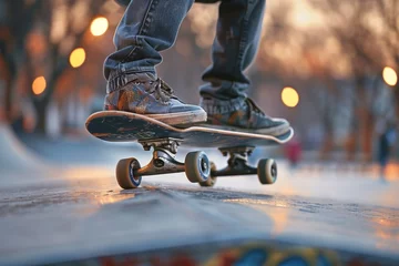 Foto op Plexiglas A teenager practicing skateboard tricks at a skate park with friends © YohanesSabatino