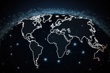 Naklejka premium Map of the planet, Internet and technology. Modern science. Abstract plexus geometric background, Futuristic world map, Ai Generated