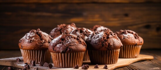 Irresistible Chocolate Muffins Arranged on Rustic Wooden Platter for Tempting Indulgence