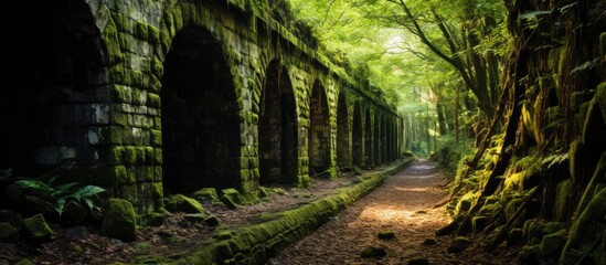 Serene Path Through Enchanting Forest Tunnel Covered in Vibrant Green Moss