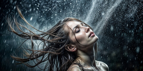 Женщина с распущенными волосами изображена на фоне капель воды.