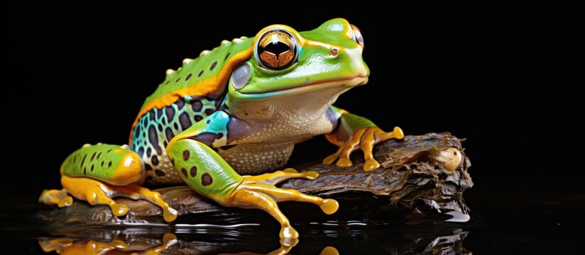 Majestic Green and Golden Bell Frog Perched on a Mossy Rock in the Serene Water