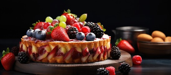 Delicious Homemade Fruit Cake with Fresh Berries and Strawberries on a Rustic Wooden Board