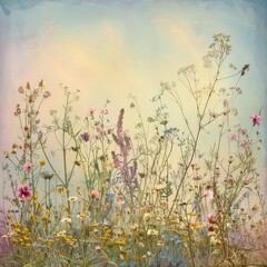 Delicate Wildflowers Blooming in a Vintage Setting Against a Pastel-Toned Background