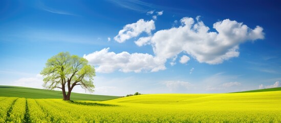 Naklejka premium Solitary Tree Standing Tall in a Meadow of Golden Blooms Under a Clear Blue Sky