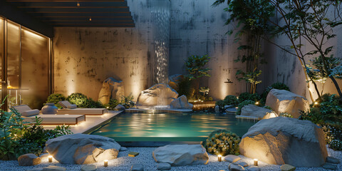 a modern garden with lighting and rocks