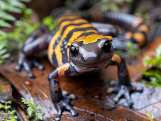 Vibrant yellow and black salamander on leafy ground, with glistening, moist skin.