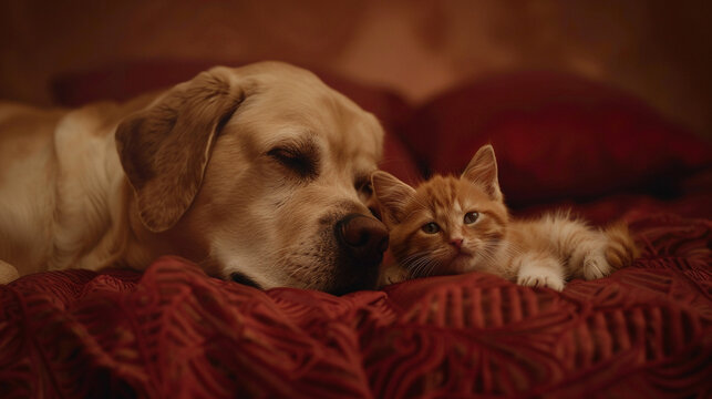 A gentle Labrador and a charming calico kitten enjoying a shared moment of serenity on a rich burgundy surface.