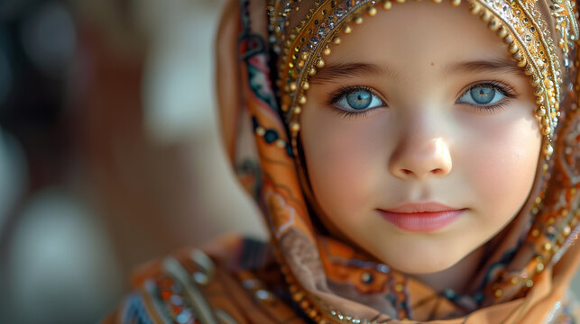 A beautiful muslim baby girl blue eyes wear scarf