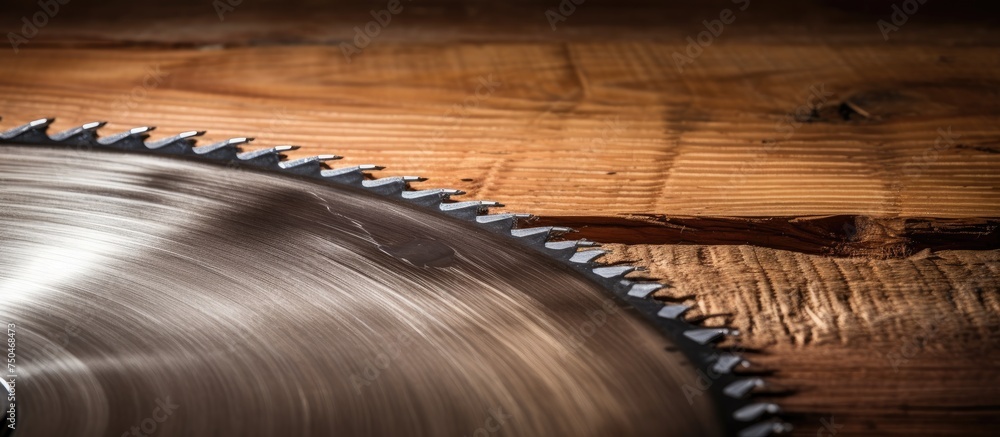 Poster precision tool: circular saw ready for woodworking projects on a rustic wooden surface
